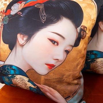Paire de taies doreiller artisanales - Geishas japonaises