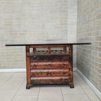 Eettafel - glas - gerost staal shabby chic oranje verf +, Antiek en Kunst