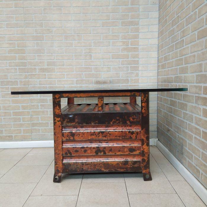 Eettafel - glas - gerost staal shabby chic oranje verf +, Antiek en Kunst, Curiosa en Brocante