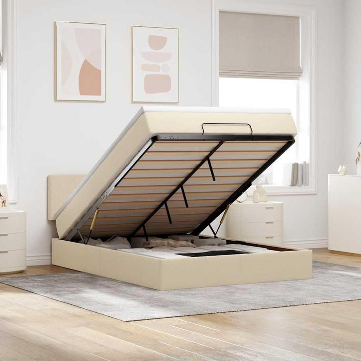 vidaXL Bed met matras 140x190 cm stof crèmekleurig, Huis en Inrichting, Slaapkamer | Bedden, Nieuw, Verzenden