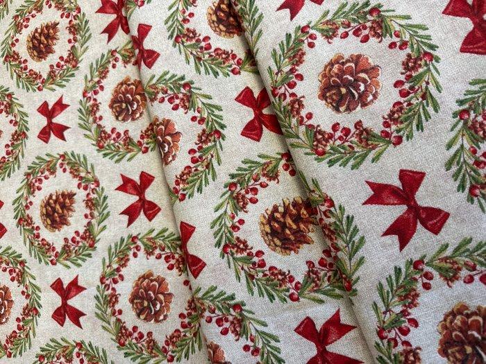 Elegante kerststof met dennenkransen en strikken - Textiel -, Diversen, Kerst
