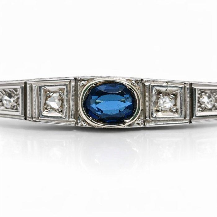 Broche - 12 kt. Geel goud, Zilver Saffier - Diamant, Handtassen en Accessoires, Antieke sieraden