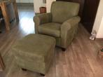 Leren fauteuil met houten poten - met hocker - groen leer, Ophalen of Verzenden