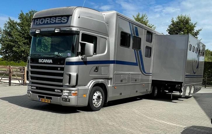 SCANIA 124 LB Paardenvrachtwagen 6 paarden / Motorhome, Auto's, Vrachtwagens, Diesel, Zilver of Grijs, Te koop, Scania, Euro 2