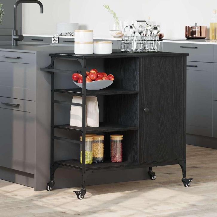 vidaXL Keuken Trolley Zwart eiken 87.5 x 38.5 x 84.5 cm, Huis en Inrichting, Keuken | Keukenbenodigdheden, Nieuw, Verzenden