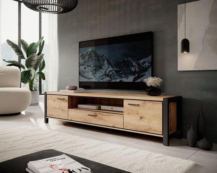Meubella | TV-Meubel eiken zwart 210x40x50 cm, Huis en Inrichting, Kasten |Televisiemeubels, 25 tot 50 cm, Nieuw, Overige materialen
