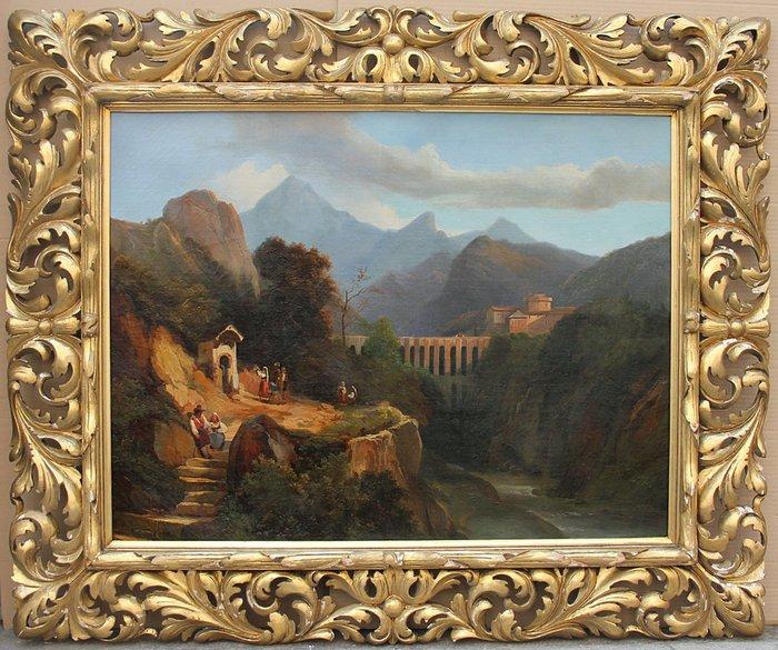 Italiaanse school (XIX) - Roman Campagna with peasants in, Antiek en Kunst, Kunst | Schilderijen | Klassiek