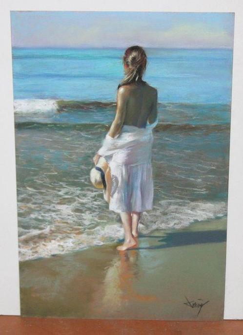 Domingo Alvarez Gomez (1942) - Chica en la orilla del mar, Antiek en Kunst, Kunst | Schilderijen | Klassiek