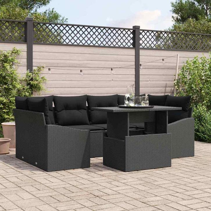 vidaXL Tuinbank Set met opslag 7 pcs Zwart Poly rattan, Tuin en Terras, Tuinsets en Loungesets, Nieuw, Verzenden