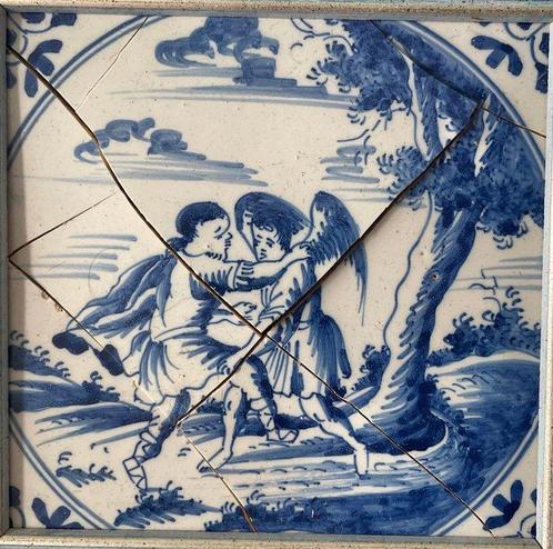 Tegel - Bijbelse scène - Genesis 32:25 - 1730-1750 -, Antiek en Kunst, Antiek | Glaswerk en Kristal