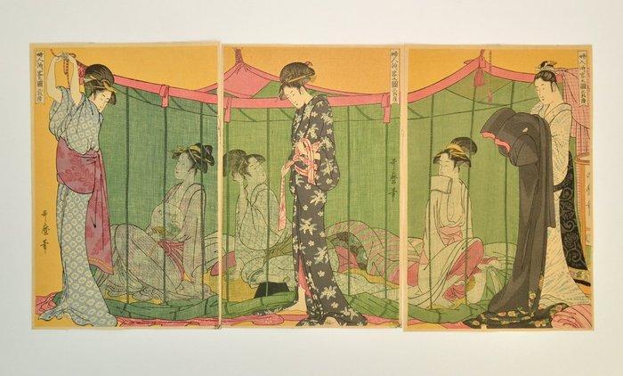 Women Staying Overnight – Triptych - Utamaro Kitagawa -, Antiquités & Art, Antiquités | Autres Antiquités