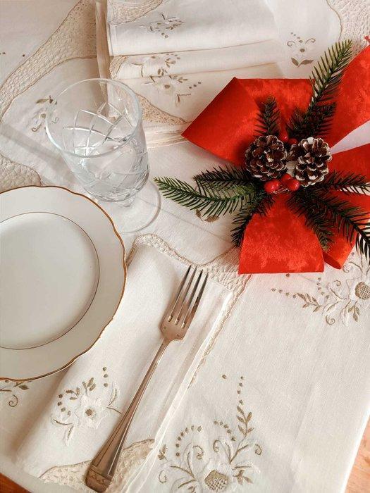 Tovaglia lino Ricamata a mano + 12 tovaglioli - Tafelkleed, Antiek en Kunst, Antiek | Tapijten, Tafelkleden en Textiel