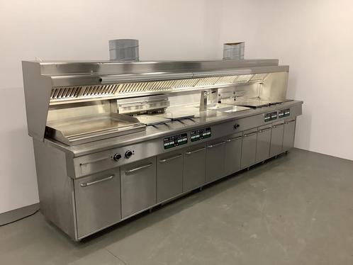 Pitco Bakwand met friteuses, bakplaat, bainmarie en afzuig, Zakelijke goederen, Horeca | Keukenapparatuur, Gebruikt, Fornuis, Frituur en Grillen
