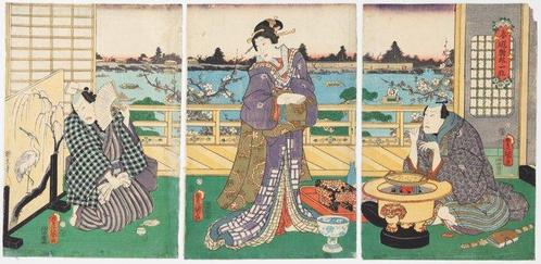 Playing Games on a Spring Day  - Toyokuni III, Antiek en Kunst, Antiek | Overige Antiek