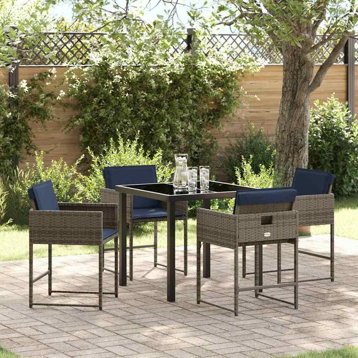 vidaXL Tuin Eettafel Set met kussen 5 pcs Grijs Poly rattan, Tuin en Terras, Tuinsets en Loungesets, Nieuw, Verzenden