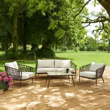 Loungeset 4 delig bruin | Beige kussens | Tuin beschikbaar voor biedingen