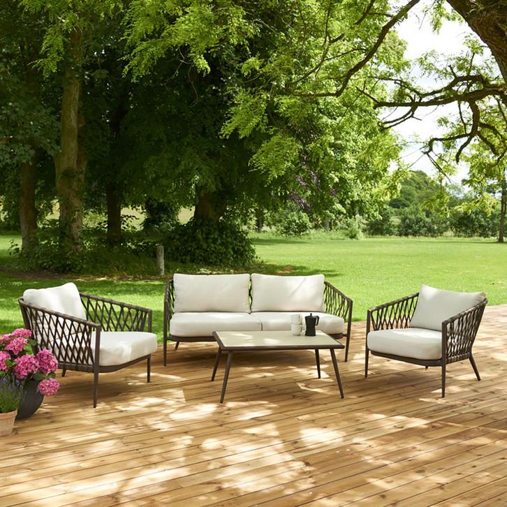 Loungeset 4 delig bruin | Beige kussens | Tuin, Tuin en Terras, Tuinsets en Loungesets, Nieuw, 2 zitplaatsen, Verzenden