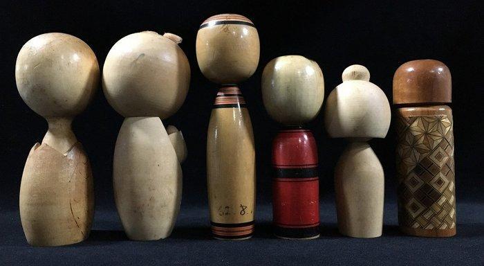 Set van 6 / Japanse vintage houten Kokeshi-poppen (hoogte:, Antiquités & Art, Curiosités & Brocante