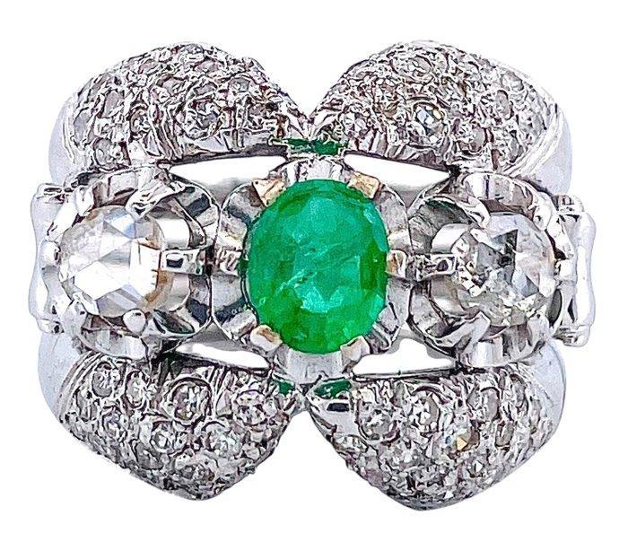 Ring - 18 karaat Witgoud Smaragd - Diamant, Handtassen en Accessoires, Ringen
