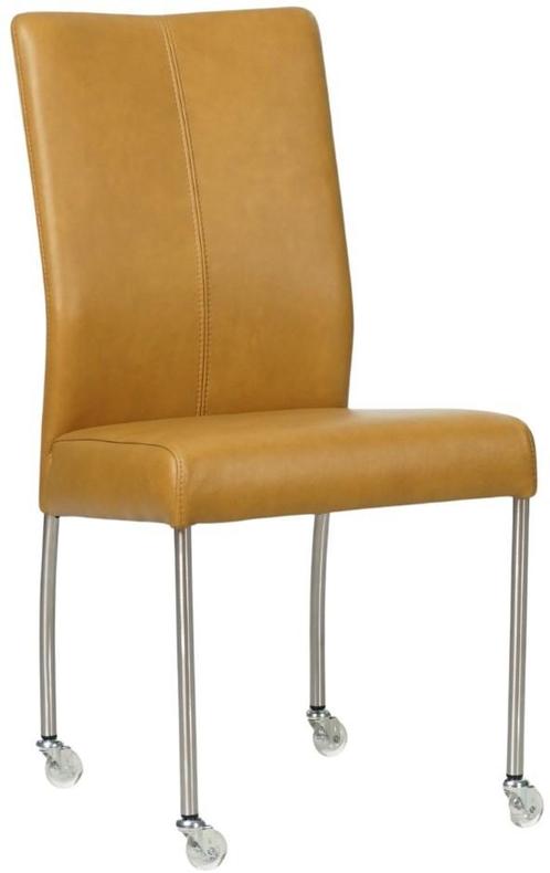 Cognac leren moderne eetkamerstoel - poot rond inox met wiel, Huis en Inrichting, Stoelen, Overige kleuren, Eén, Nieuw, Leer, Ophalen of Verzenden