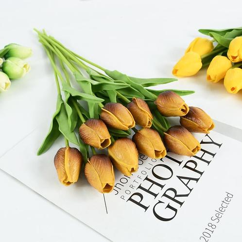 Actie tulp tulpen 33cm bundel geel/bruin / +/-10st real, Maison & Meubles, Accessoires pour la Maison | Plantes & Fleurs artificielles