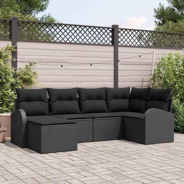 vidaXL Tuinbank Set met kussen 6 pcs Zwart Poly rattan, Tuin en Terras, Tuinsets en Loungesets, Nieuw, Verzenden