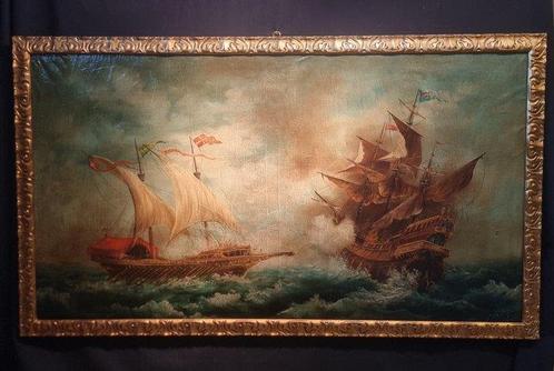 Franse school (XIX) - Battaglia navale - NO RESERVE, Antiek en Kunst, Kunst | Schilderijen | Klassiek