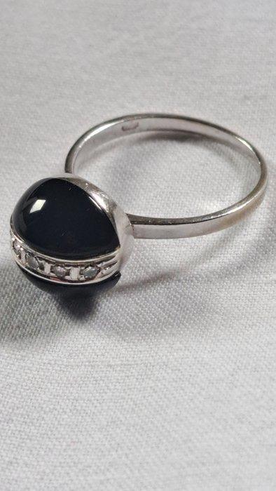Ring - 14 karaat Witgoud Onyx - Diamant, Handtassen en Accessoires, Ringen