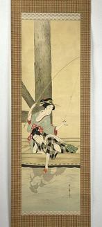 Hanging scroll painting with ceramic roller ends and Box -, Antiek en Kunst