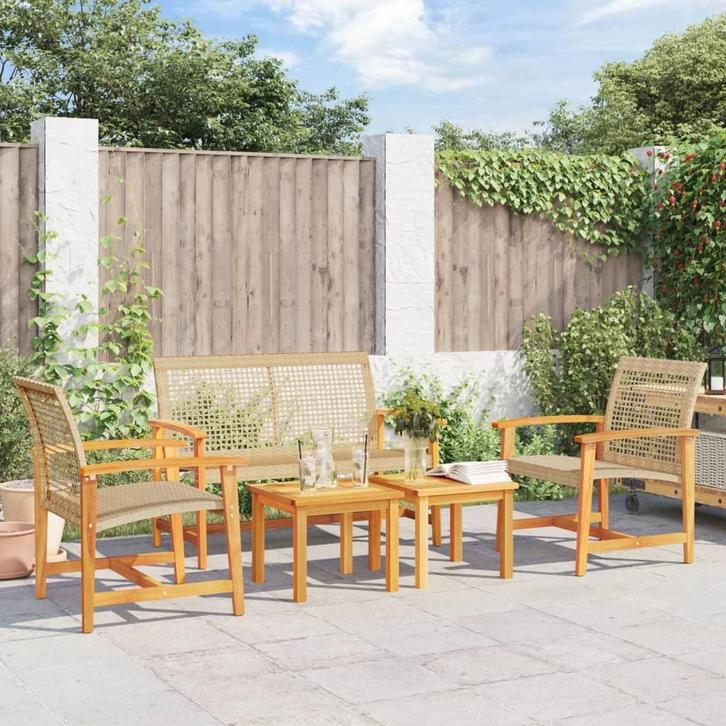 vidaXL 5-delige Loungeset poly rattan en acaciahout beige, Tuin en Terras, Tuinsets en Loungesets, Nieuw, Verzenden