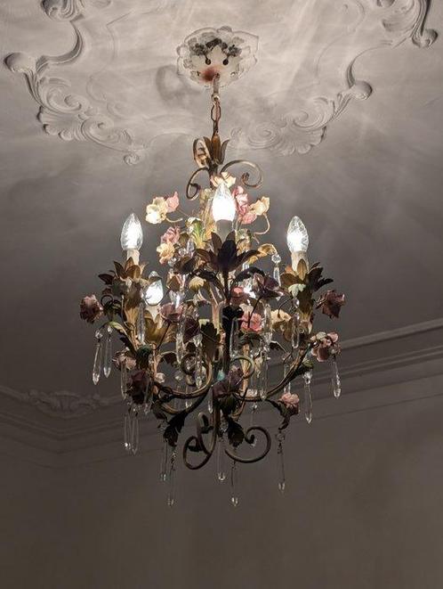Kroonluchter - IJzer, Keramiek, Kristal - Keramische rozen, Antiek en Kunst, Antiek | Verlichting