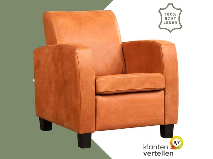 Leren fauteuil Joy - Kenia Rost (oranje) - Poten hout zwart, Huis en Inrichting, Fauteuils, 50 tot 75 cm, 75 tot 100 cm, Nieuw