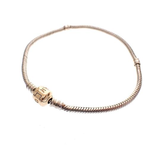 Pandora armband; Zilver met gouden slot; Snake Chain | 22 cm, Handtassen en Accessoires, Armbanden, Overige kleuren, Gebruikt