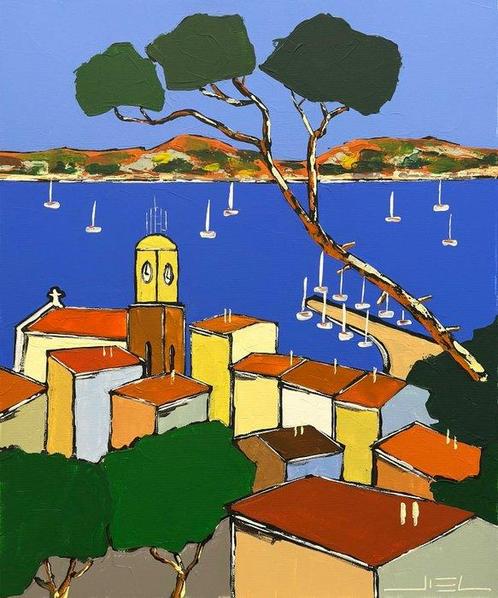 Jiel (1967) - Vue sur Sainte Maxime et la Grande Bleue,, Antiek en Kunst, Kunst | Schilderijen | Modern