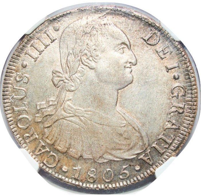 Spanje. Carlos IV. 8 Reales 1805 Lima JP - AU55, Postzegels en Munten, Munten | Europa | Niet-Euromunten