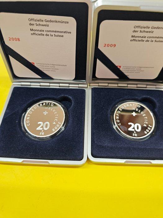 Zwitserland. 20 Francs 2008 (KM 128) + 2009 (KM 132) -, Postzegels en Munten, Munten | Europa | Niet-Euromunten
