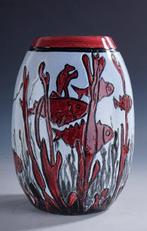 Vaas - Polychrome Art Deco vaas met vissen decor • gemerkt -