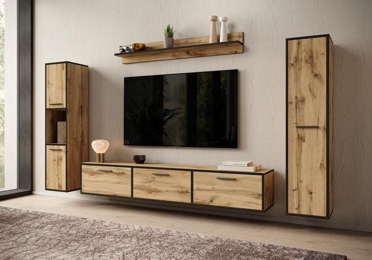 Meubella | Wandmeubel eiken Set van 4 TV-Meubel, Huis en Inrichting, Kasten | Wandmeubels, 25 tot 50 cm, Nieuw, 150 tot 200 cm