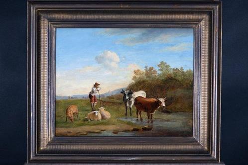 Hollandse School (XIX) - Boer en Koeien aan het Water, Antiek en Kunst, Kunst | Schilderijen | Klassiek