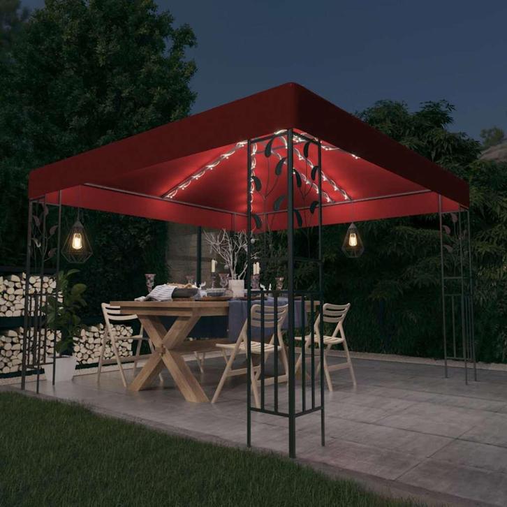 vidaXL Prieel met LED-lichtslinger 3x3 m wijnrood, Tuin en Terras, Partytenten, Nieuw, Verzenden