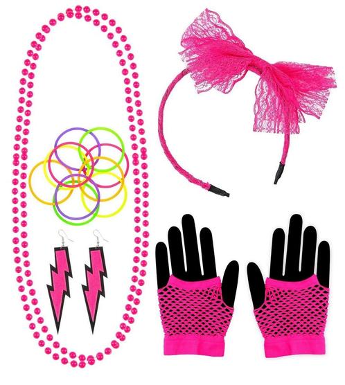 Neon 80S Accessoireset Roze 5 delig, Hobby en Vrije tijd, Feestartikelen, Nieuw, Verzenden