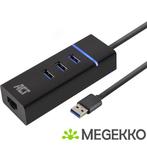 ACT USB Hub 3.2, 3x USB-A, ethernet, zwart, Nieuw, Verzenden