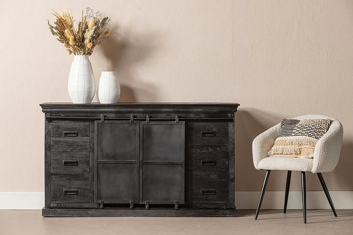 Dressoir Mangohout Milan 200 Zwart, Huis en Inrichting, Kasten | Dressoirs, Nieuw, Verzenden