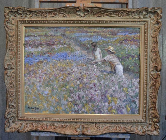 Chris van Dijk (1952) - Impressionist  Champ des fleurs, Antiek en Kunst, Kunst | Schilderijen | Klassiek