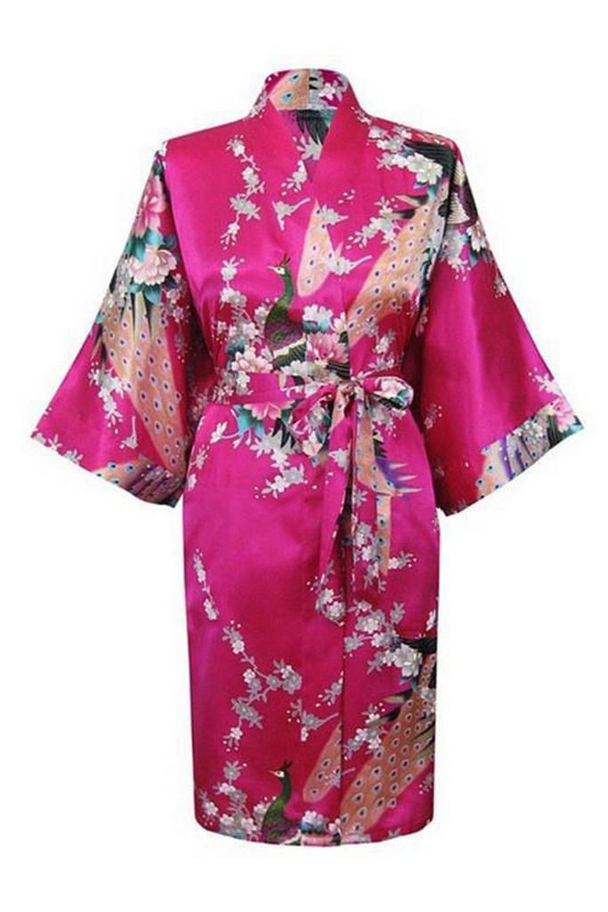 KIMU® Kimono Donkerroze Kort S-M Yukata Satijn Boven de Knie, Kleding | Dames, Carnavalskleding en Feestkleding, Nieuw, Ophalen of Verzenden