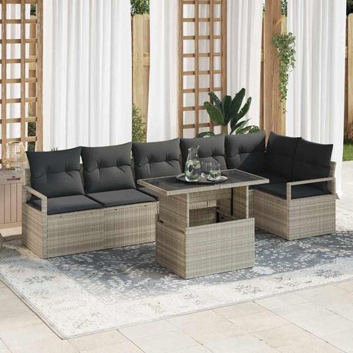 vidaXL Tuinbank Set met kussen 7 pcs Lichtgrijs Poly rattan, Tuin en Terras, Tuinsets en Loungesets, Nieuw, Verzenden