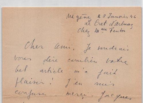 Assia Lassaigue - Lettre autographe signée – Réflexions sur, Verzamelen, Film en Tv