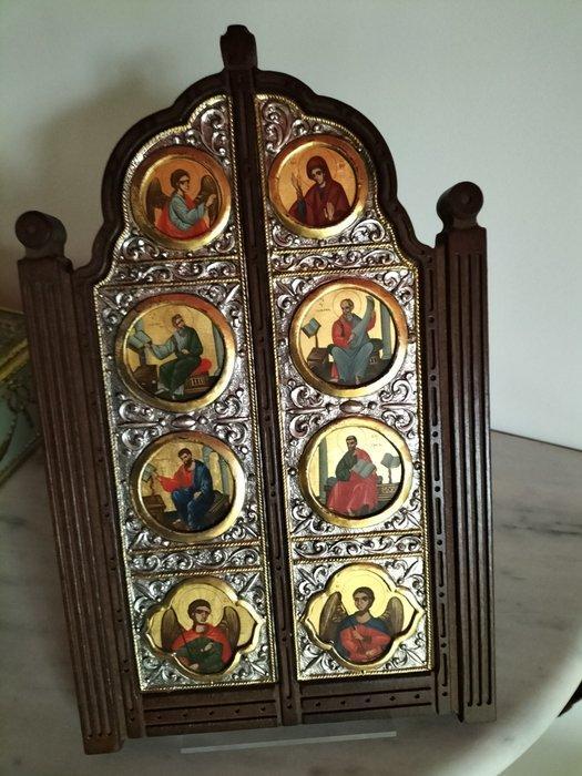 Icoon - Heiligen en engelen - 21 × 31 cm - Zilver, Hout, Antiquités & Art, Antiquités | Livres & Manuscrits