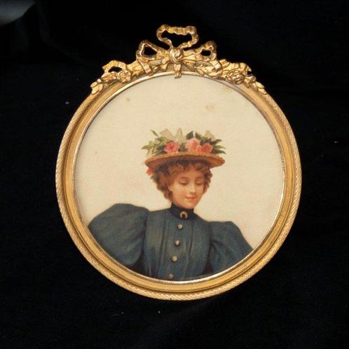 Antiek vuur verguld brons rond Fotolijstje - Fotolijst  -, Antiek en Kunst, Curiosa en Brocante