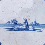 Tegel - Antieke Delfts blauwe tegels met kasteel,